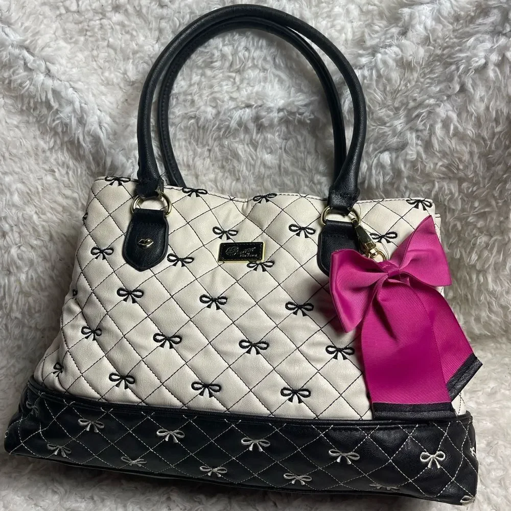 Luv Betsey By Betsey Johnson Black White Quilted Bow  embroidery shoulder Bag